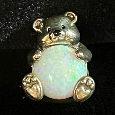 Silver Tone Metal Teddy Bear Charm White Oval Opal Cabochon 1 Stone
