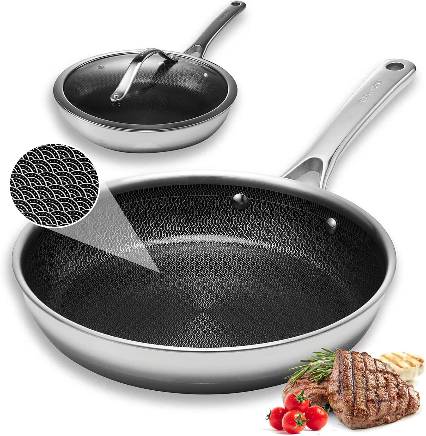 10" Nonstick Stainless Steel Frying Pan Set with Lid, Induction & Oven Safe