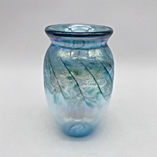 Hand Blown Blue Iridescent Rainbow Swirl Texture Art Glass Vase