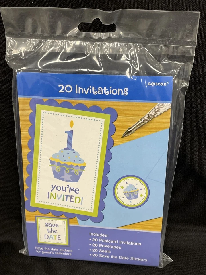 Sweet Blue Boy 1st Birthday Cupcake Party Invitations Envelopes Seals 20 ct - Image 2 of 3