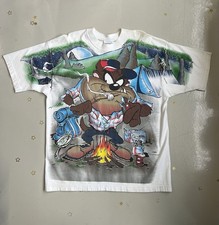 Vintage 1996 Looney Tunes Taz Camping AOP Shirt Freeze Cartoon Mens Sz XL