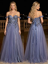 Cinderella CB104 Blue Off-Shoulder Tulle A-Line Gown Corset Back Slit