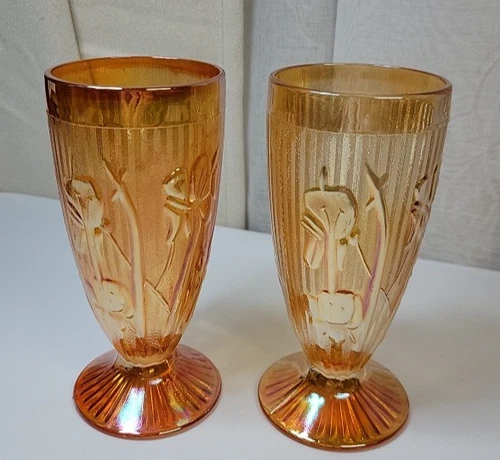 2Jeanette Iris Herringbone Marigold 6" Footed Iridescent Carnival Glass Tumblers