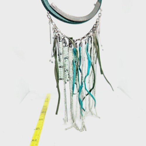 Long Boho Fringe Bib Necklace Multi Strand Fabric Wrapped Cord Mixed Media Green - Picture 4 of 5