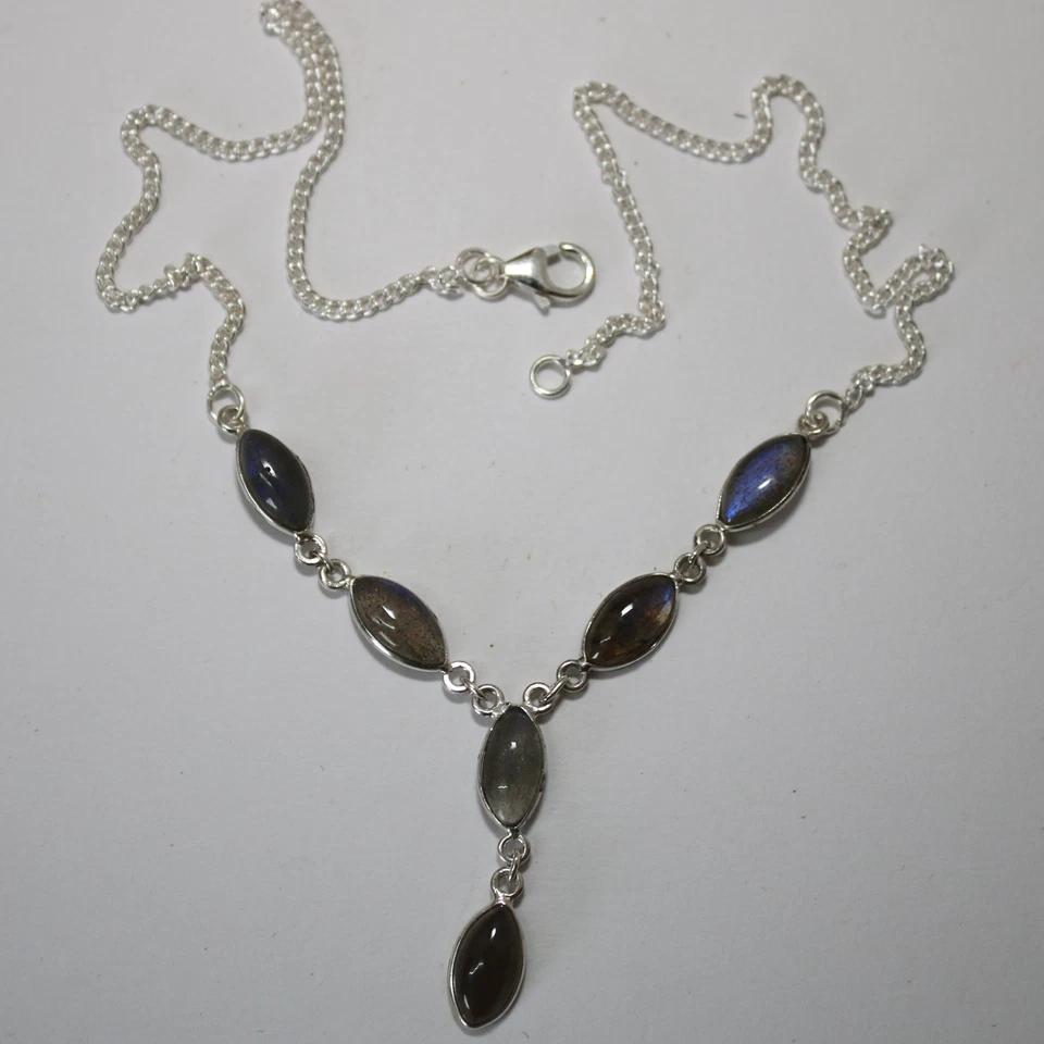 Labratorite Argento Collana 925 Collier 40cm Cabochon Pietre Preziose Blu Verde - Immagine 2 di 4