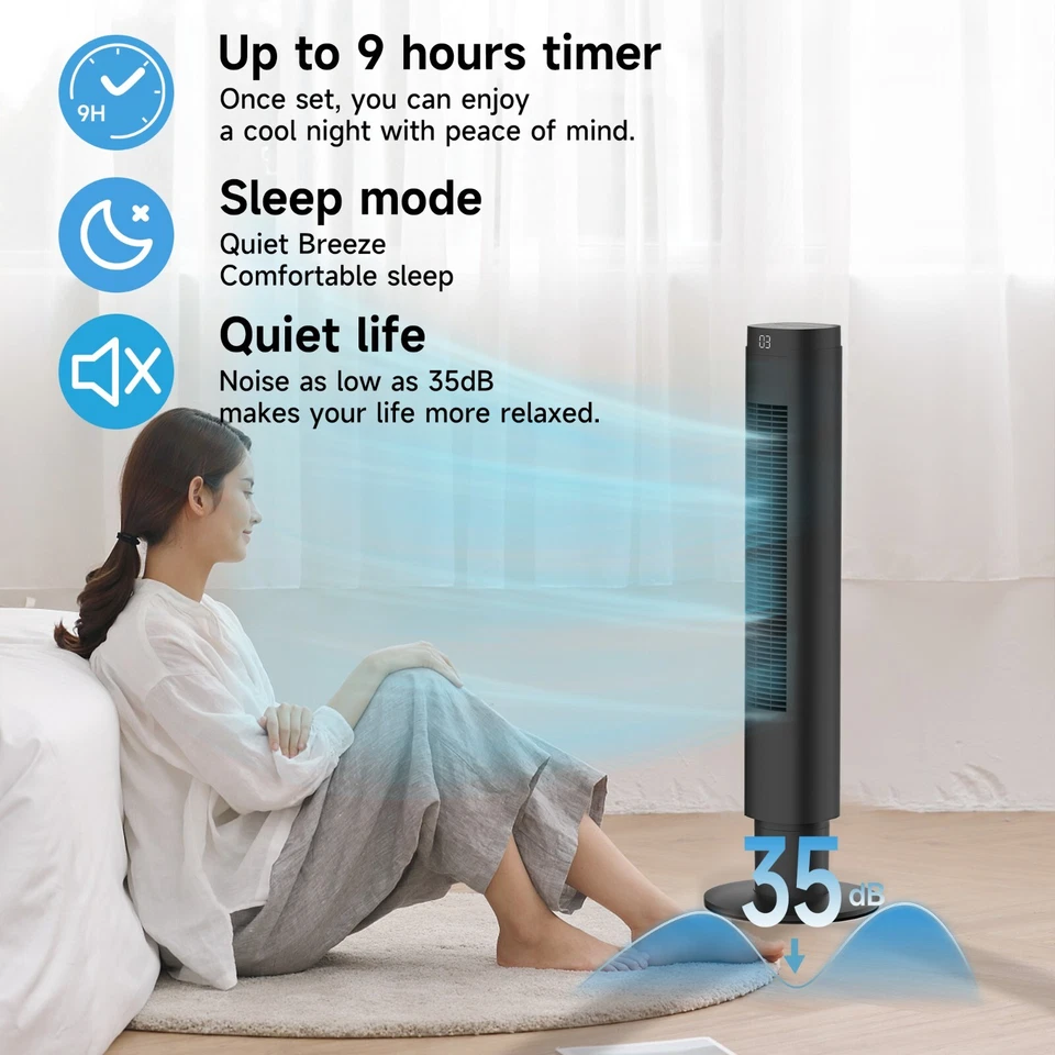 Tower fan 35" Bladeless Fan for Bedroom, Remote, 4 Speeds, 3 Modes, 9-Hour Timer - Image 3 of 4