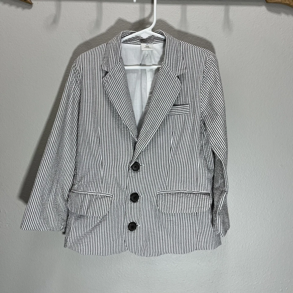 Chaqueta Blazer Gymboree Jóvenes Niños Forrada Seersucker Taupe y Blanco XS Foto 2 de 4