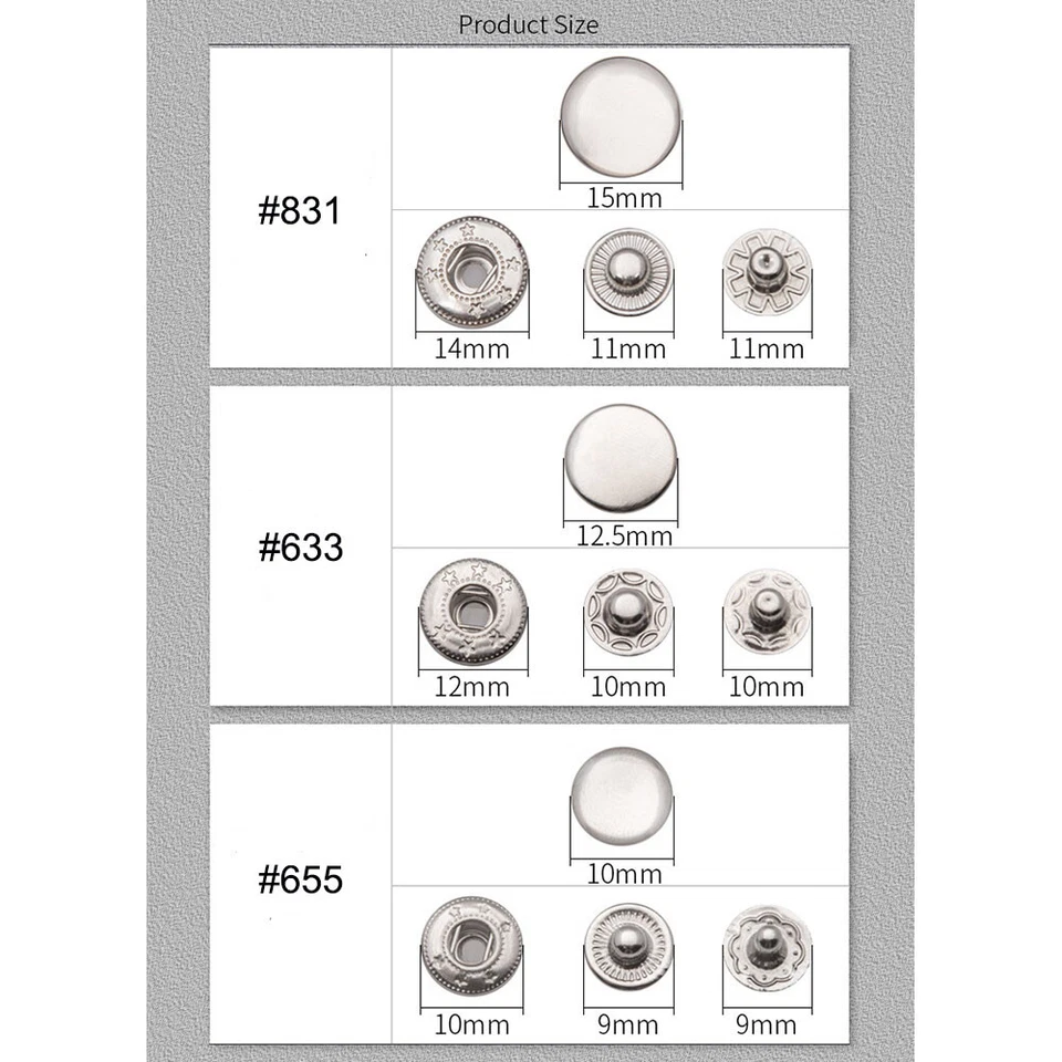 50Sets #655/633/831 Brass Snap Buttons Press Stud Rivet Fastener Metal Accessory - Image 3 of 4