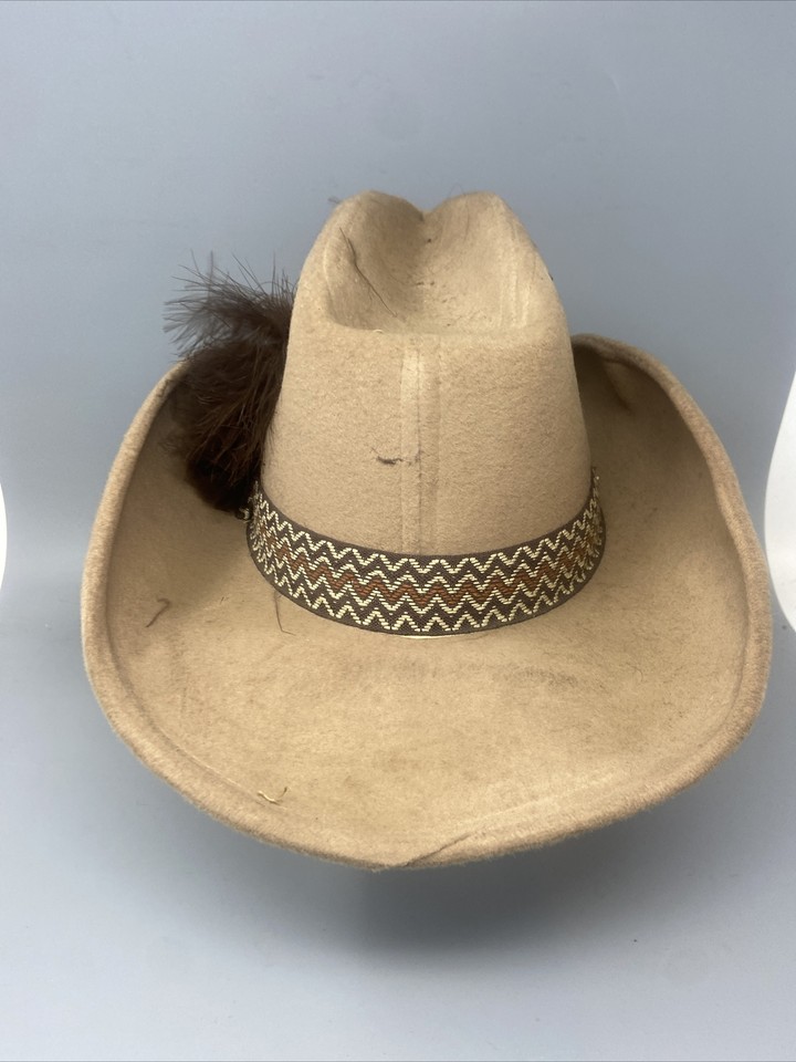 Vtg 1970s Felt Cowboy Western Hat Light Tan with Feathers Men Medium eBay