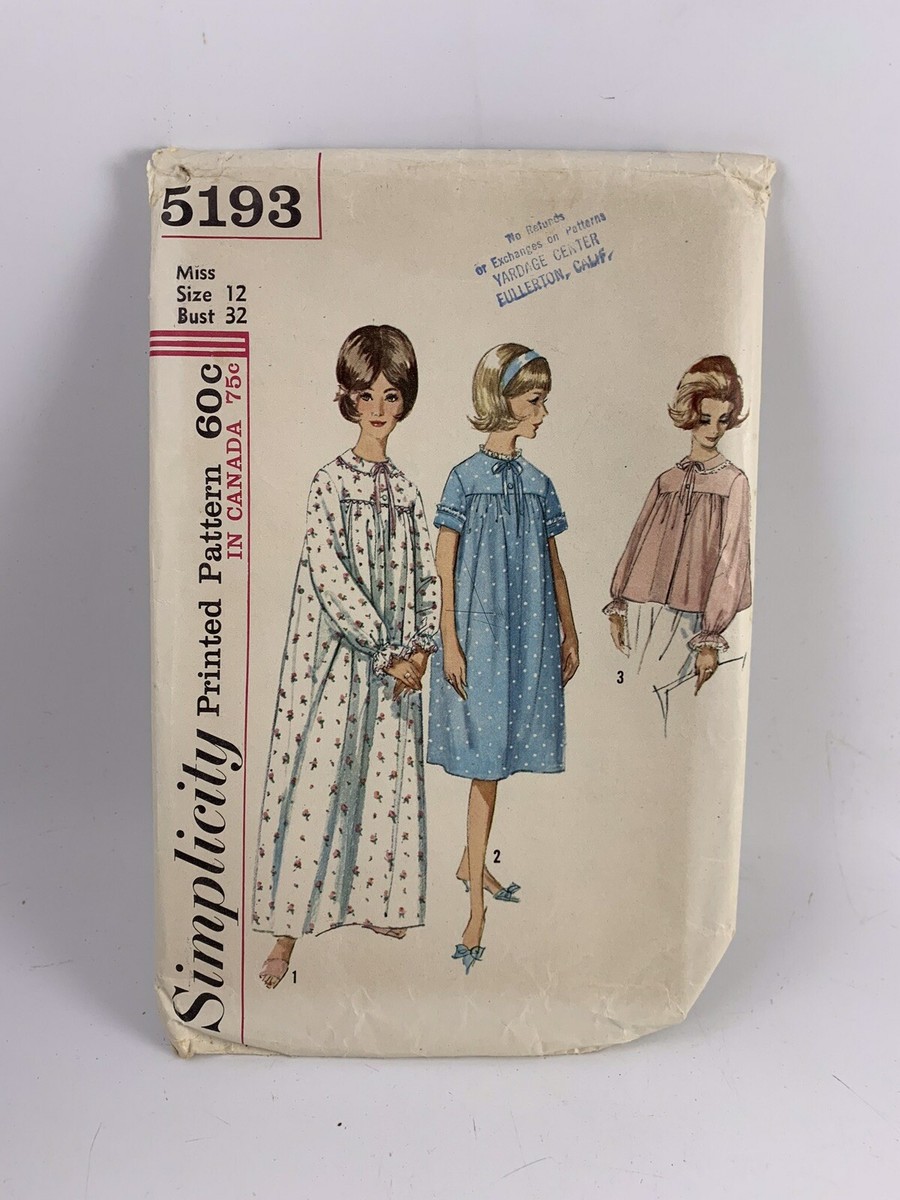 VINTAGE SIMPLICITY #5193 PATTERN MISS SIZE 12 NIGHTGOWN IN 2 LENGTHS &  BEDJACKET | eBay