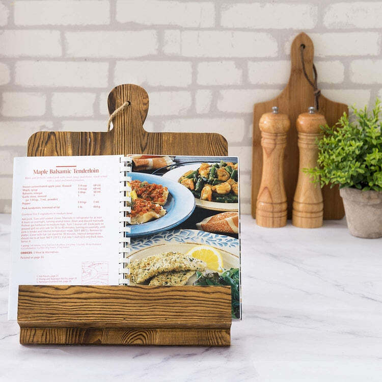 Rustic Burnt Wood Kitchen Countertop Cookbook Holder Stand with