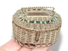 Antique Miniature Woven Silver, Glass Tube Bead TRINKET OR CANDY Box, CHRISTMAS
