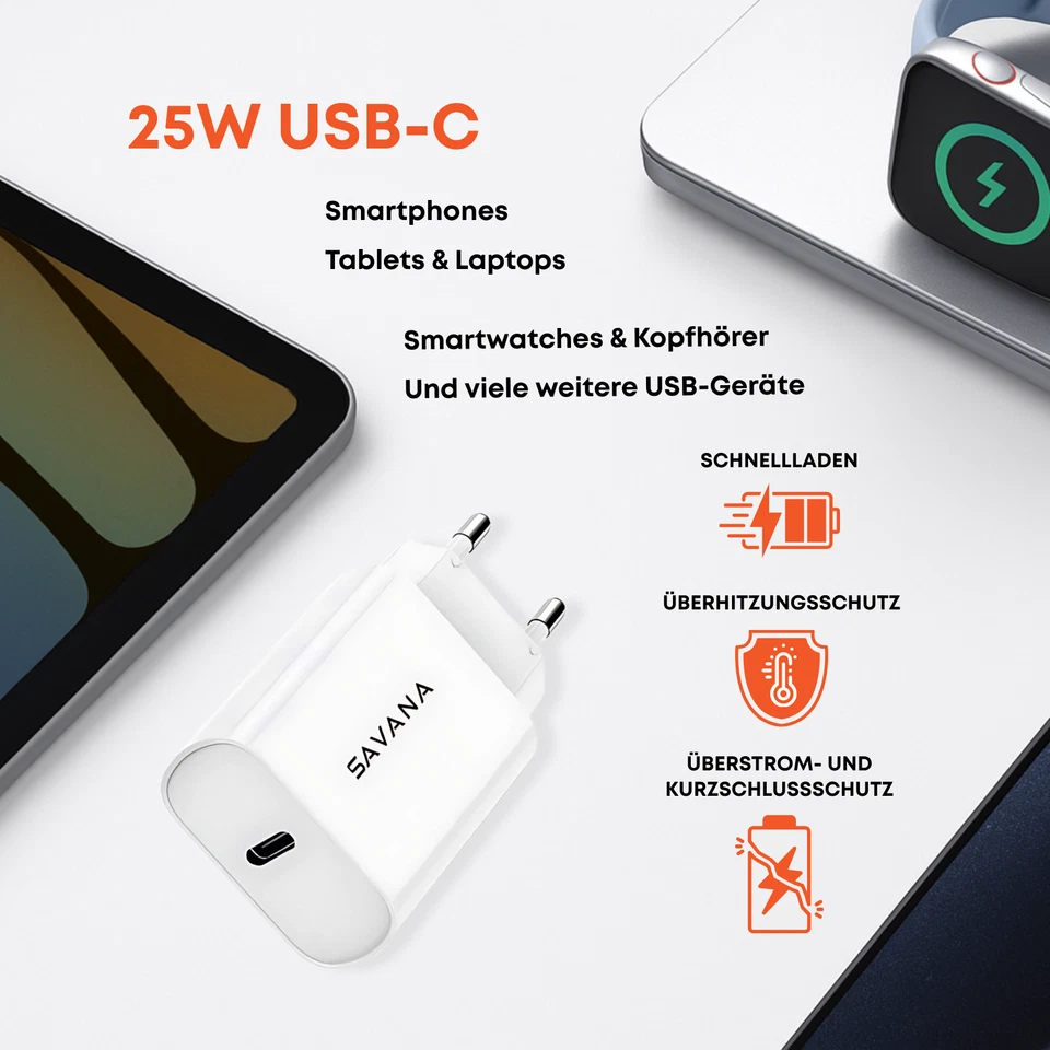 SAVANA 25W USB-C Schnellladegerät Netzteil Charger Adapter ink. 1.2m Kabel Set - Bild 2 von 4