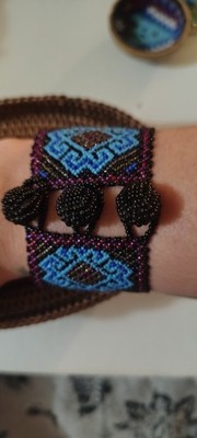 Handcrafted Beaded Bracelet Geometric Pattern Blue Brown Black Purple