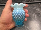 Vintage Unsigned Fenton Light Blue Opalescent Hobnail Ruffled Vase 3 3/4" Nice