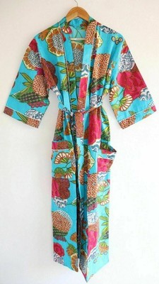 Indian Tropical print 100% cotton Turquoise robe gown women maxi kimono dress