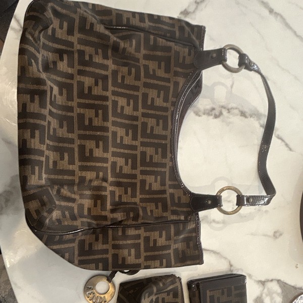 Fendi Zucca Brown Canvas & Leather Crescent Shoulder Bag w/ Pouch Gold HW