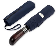 Travel Umbrella Wood Handle Auto Open Close Vented Canopy Dark Navy