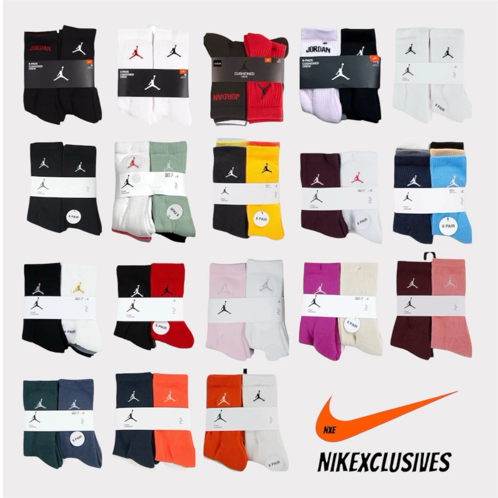 Nike Air Jordan Jumpman Basketball Cushioned Crew Socks 6-Pack Multi Size/ Color