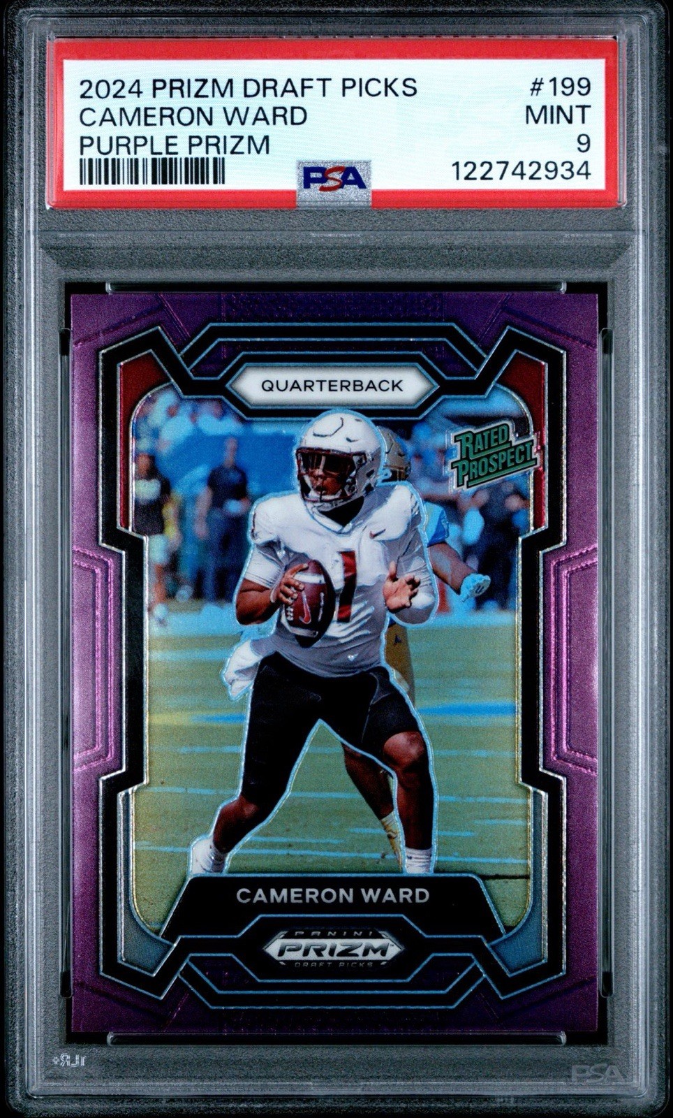 2024 Prizm Draft Picks Cam Ward Purple Prizm #'d 48/75 Rated Prospect #199 PSA 9