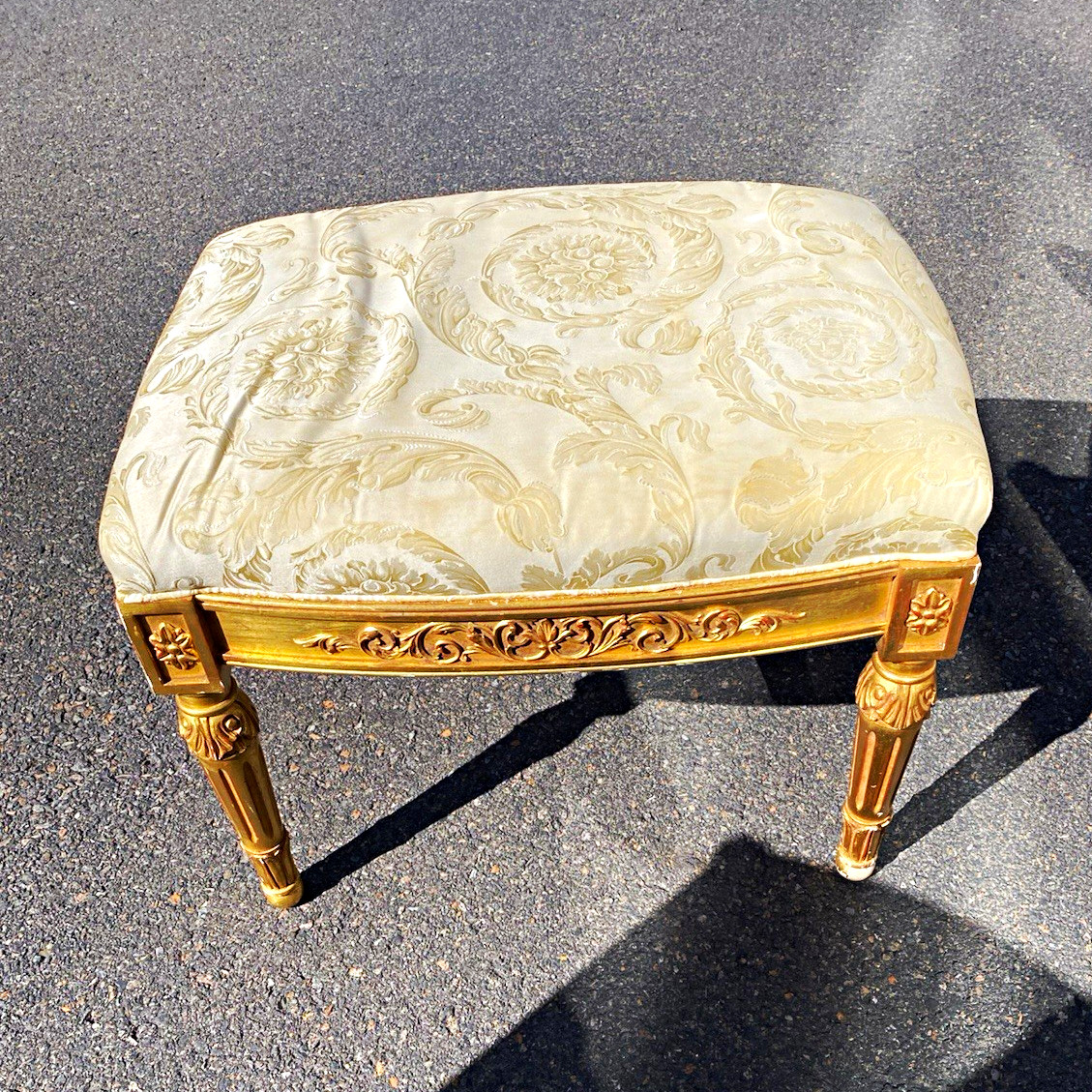 Gianni Versace Upholstered Damask Fabric Wood Footstool Beige Gold 30x22x24