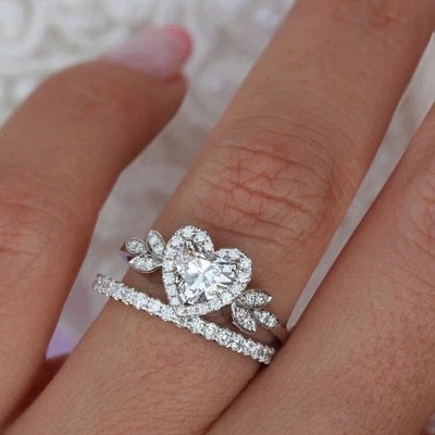 2CT Heart Cut Lab Created Diamond Halo Wedding 14K White Gold FN Ring Bridal Set