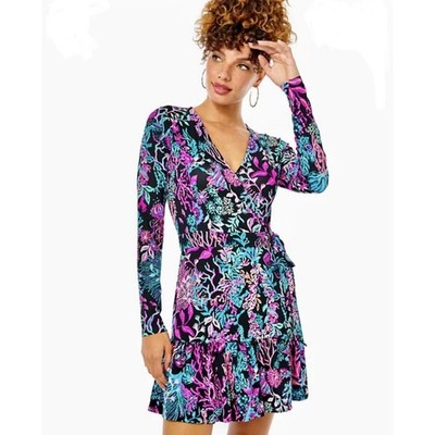 Lilly Pulitzer Misha Romper Wrap Dress Long Sleeve Black Coral Reef Floral Sz S