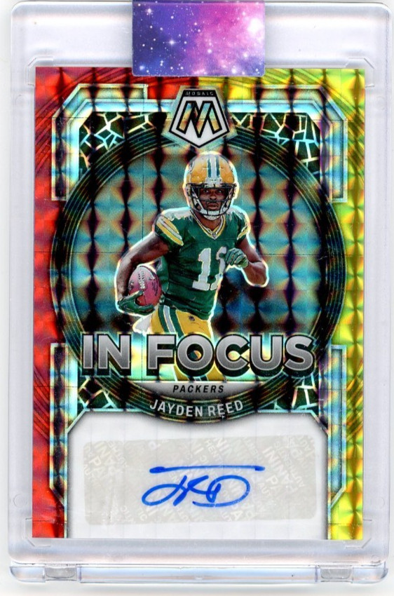 Jayden Reed - 2023 Mosaic In Focus Signatures Choice Fusion Red & Yellow RC Auto