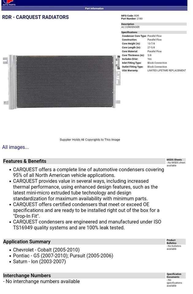 Condensador de aire acondicionado Carquest 2180 para Chevy Cobalt Pontiac G5 Saturn Ion 2003-2010 Foto 2 de 2