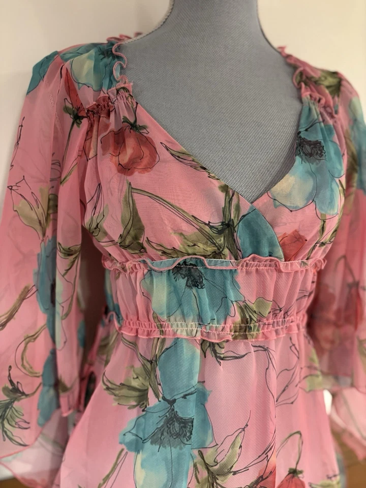 Tommy jeans women’s floral print V-neck semi sheer blouse size Large  - Image 3 of 4