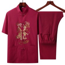 Mens Traditional Chinese Tang Suit T-shirt Pants Outfit Martial Arts Uniform Hot