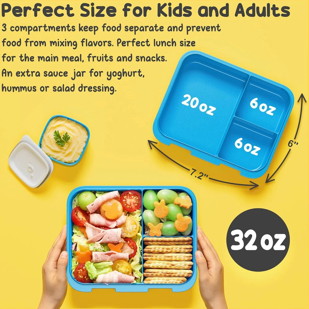 Bento Lunch Box for Kids, Leak-Proof Boys Girls Bento Box with 3-Compartment BPA