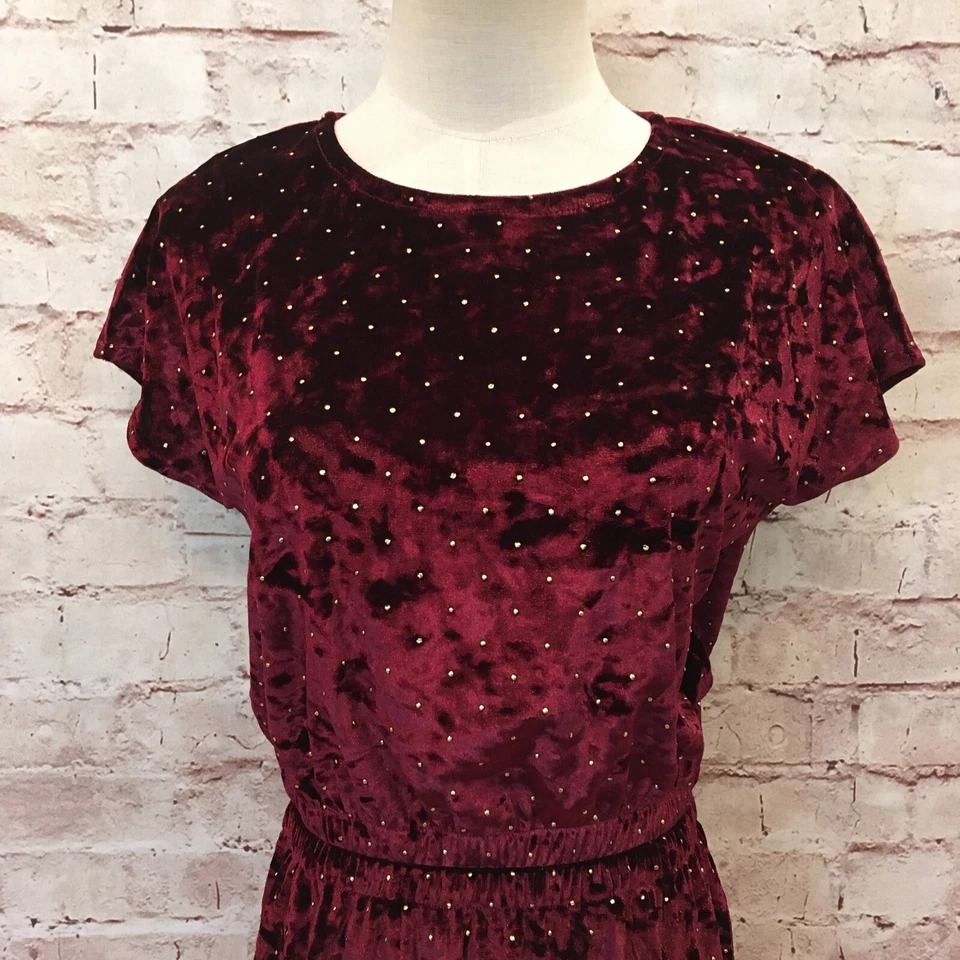 Vestido Ella Moss Niñas Borgoña Crush Terciopelo Dorado Tachonado Cintura Elástica Talla 14  Foto 2 de 4