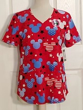 Disney Scrub Shirt SMALL American Mickey Mouse V-Neck Stretch USA NEW