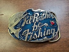 11Bk VTG 1985 I'd Rather Be Fishing Belt Buckle 1980s Painted Pewter