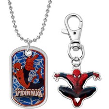 Marvel Comics Spider-Man Dog Tag Necklace Set w Key Chain in Tin Box Gift Case