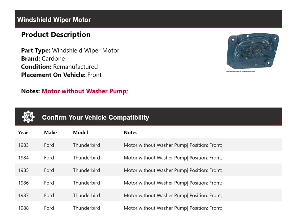 Para Ford Thunderbird 1983-1988 Limpiaparabrisas Motor Delantero Cardone 1984 1985 Foto 2 de 4