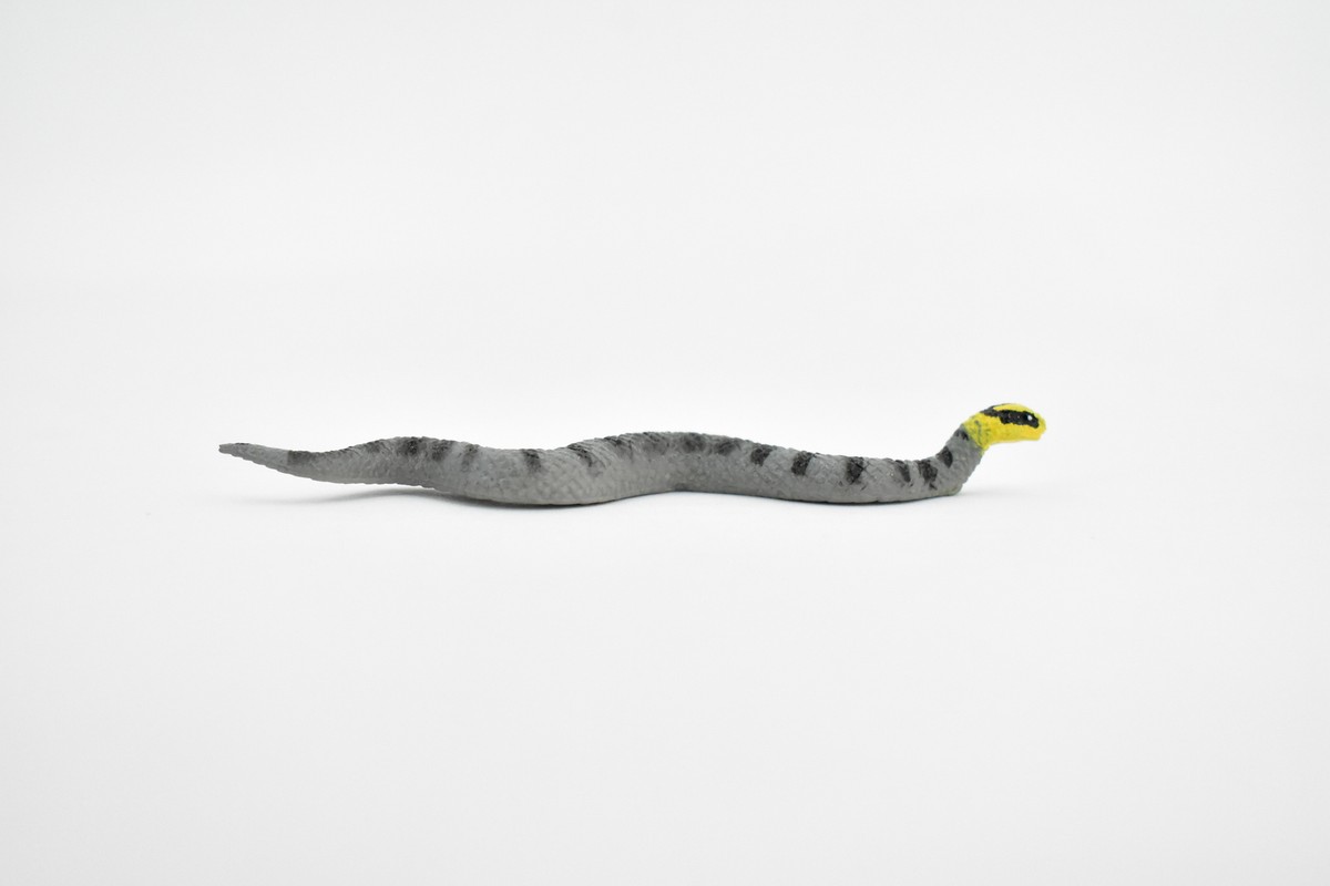Snake Gray Black Striped Yellow Head Rubber Toy Model Hand Painted