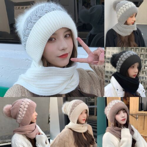 Women Solid Integrated Ear Windproof Hat Scarf Hooded Scarf Winter 2 In 1 Scarf - Picture 1 of 39