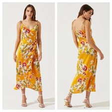 ASTR The Label Dress Yellow Floral Midi NWT Size XS Satin Wrap Ruffle Tie Straps