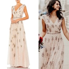 MAC DUGGAL 93575 EMBELLISHED FLORAL WRAP OVER CAP SLEEVE A-LINE BLUSH GOWN sz 2
