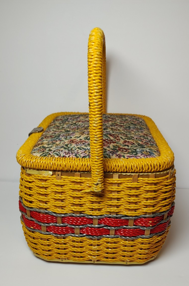 Vintage Woven Wicker Sewing Basket Box With Tapestry Floral Hinged Lid with Misc