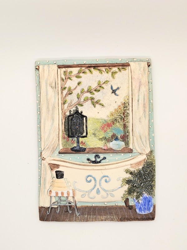 Vintage Kate Millen McRostie 3D Resin Bathroom Wall Plaque New View Cottagecore