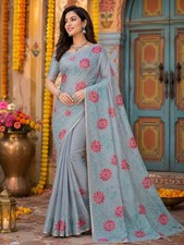 grey color katha stich saree for women