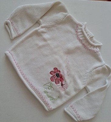 C&A Baby Club Mädchen Strickpullover weiß/rosa Blumenstickerei Knopf Gr. 80