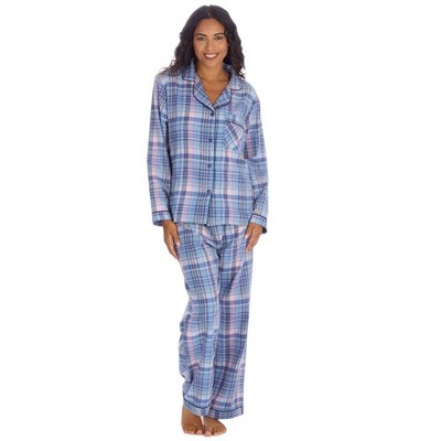 Damen Flanell Karo Schlafanzug Knopfleiste Langarm Pyjama Set Schlafanzug Denim