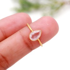 AA Genuine Rose Quartz Pear Cut Gemstone 18k Solid Gold Wedding Women Band Rings