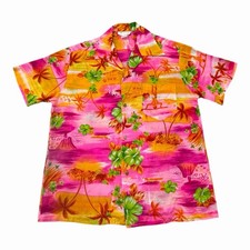 Vintage 60s 70s Royal Hawaiian Button Up Shirt Men s Large Pink Beach Floral