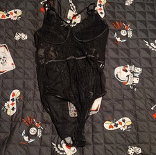 Black Semi-Transparent One Piece Bodysuit with Adjustable Straps, Women's Size L