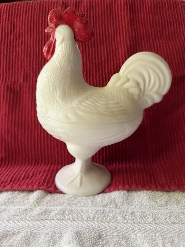 Vintage Standing Rooster Jar 2-Piece Milk Glass Dish 9" Tall